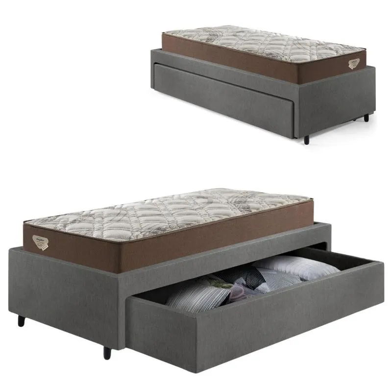 Cama Box Solteirão com Gaveta 88x188 cm Revestida em Courino Linho Cinza com Colchão Relax Adorabile Ecoflex