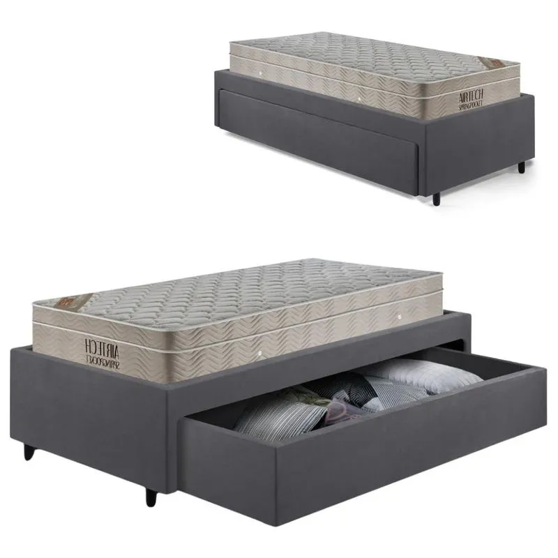 Cama Box Solteirão com Gaveta 88x188 cm Revestida em Suede Cinza com Colchão Airtech Ortobom