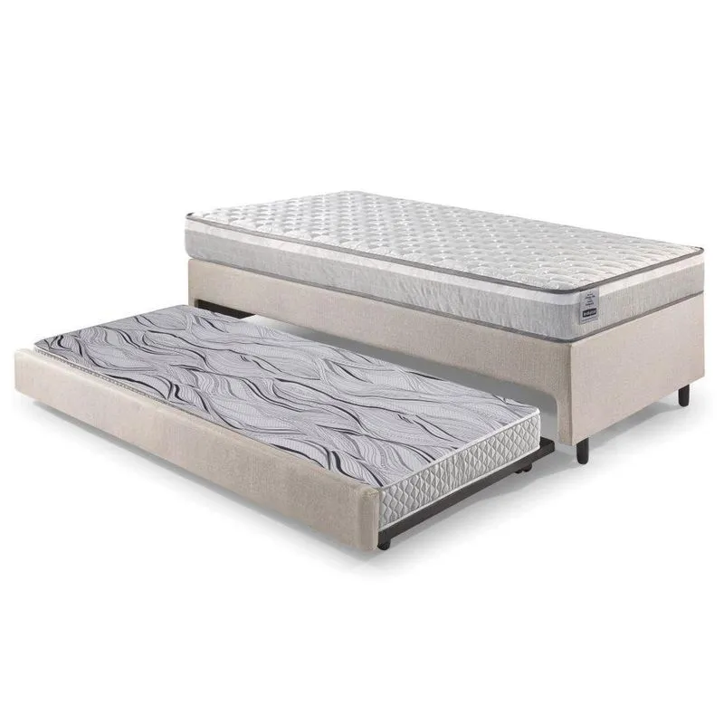 Bicama Box Solteiro Linho Bege 88x188x28 cm com Colchão Hanover Inducol Molas Ensacadas e Colchão Auxiliar Ecoflex