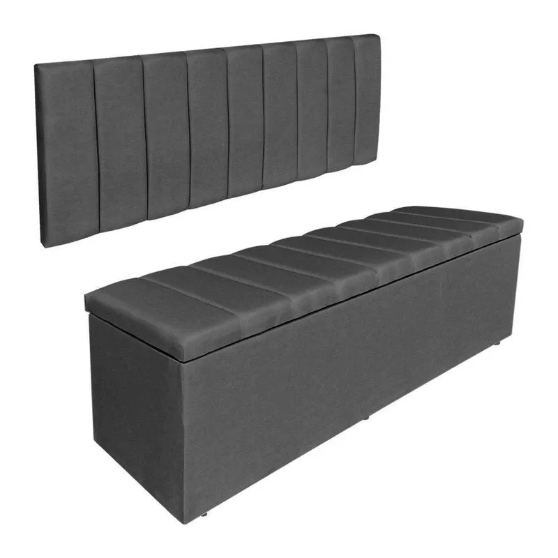 Kit Cabeceira Painel E Calçadeira Baú Solteiro 0,90m Londres Veludo Cinza Dal Poz Estofados