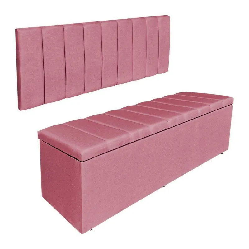Kit Cabeceira Painel E Calçadeira Baú Solteiro 0,90m Londres Veludo Rosa Dal Poz Estofados