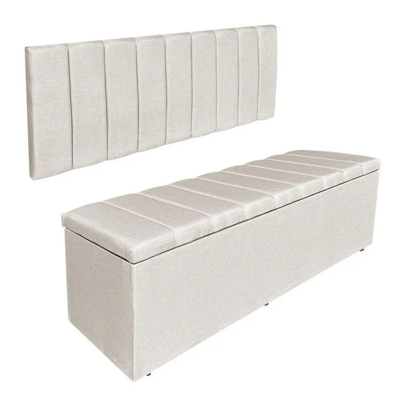 Kit Cabeceira Painel E Calçadeira Baú Casal 1,40m Londres Linho Bege Dal Poz Estofados