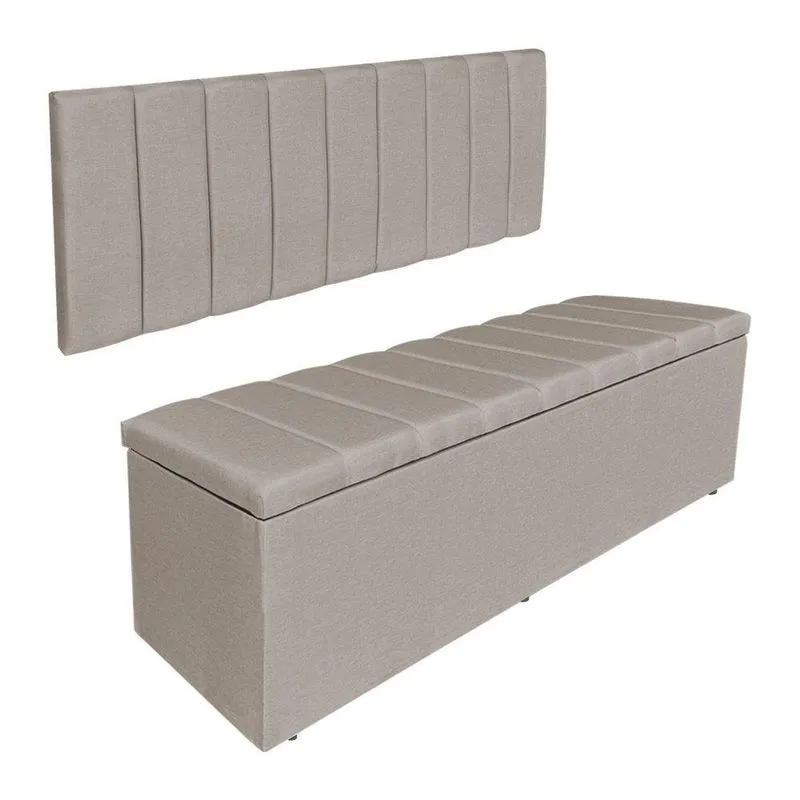 Kit Cabeceira Painel E Calçadeira Baú Casal 1,40m Londres Linho Capuccino Dal Poz Estofados
