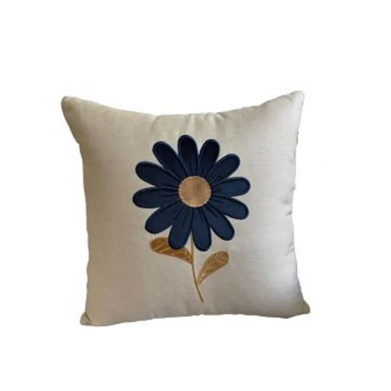 Almofada Linho Bordada Margarida 45x45 Com Enchimento Cru