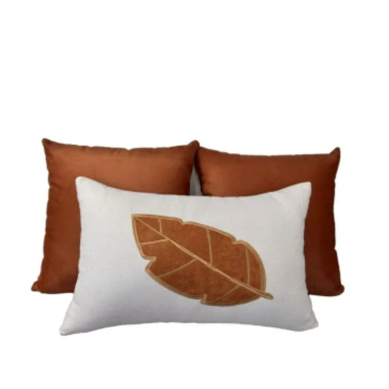 Conjunto 3 Almofadas Linho E Veludo Bordado Folha Seca Terracota