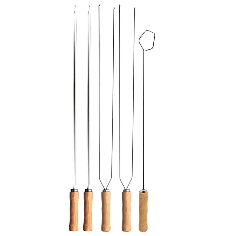 Kit 5 Espetos Churrasco Churrasqueira 65Cm Inox Cabo Madeira