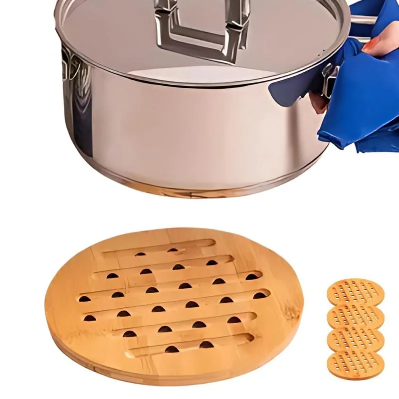 Kit 4 Descansos Suporte Apoio De Panela Bambu Redondo 19Cm