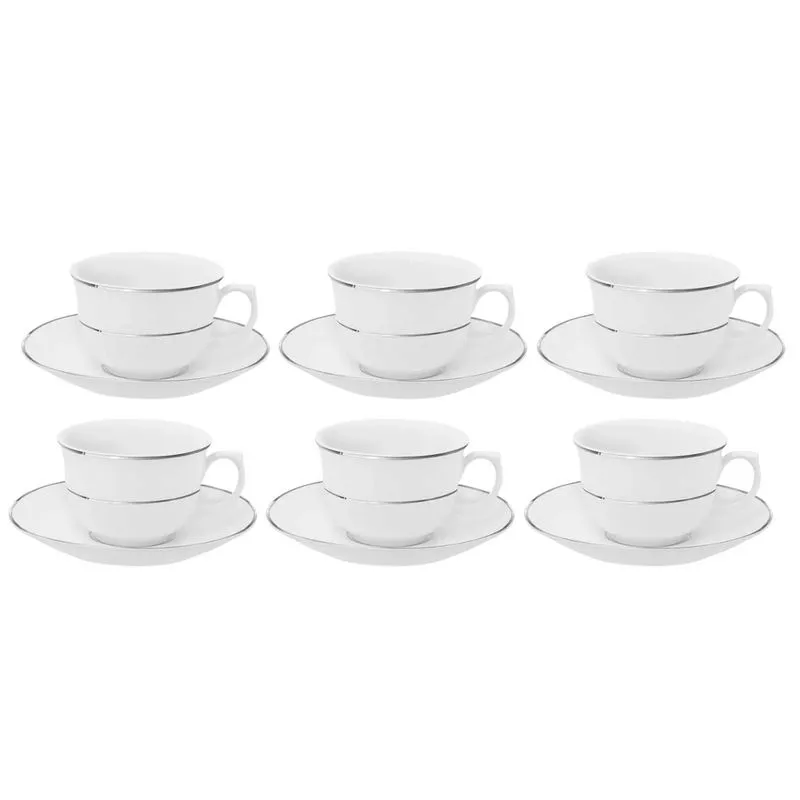 Jogo 6 Xicaras De Chá Café C/pires 240ml Borda Prata Diamond
