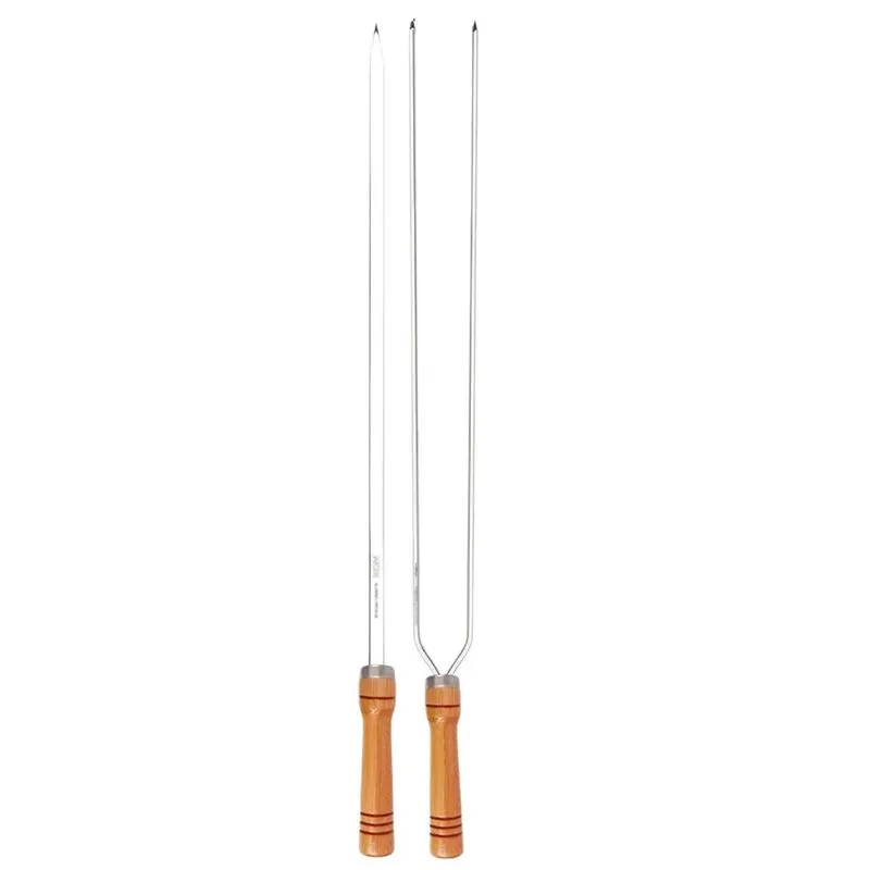 Kit Espeto Duplo E Simples 70cm Churrasco Cabo Madeira Mor