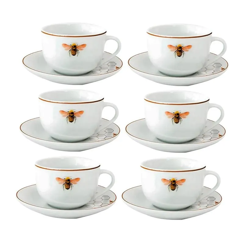 Jogo De Xícaras Café Com Pires 220ml 6 Pçs Abelha Porcelana
