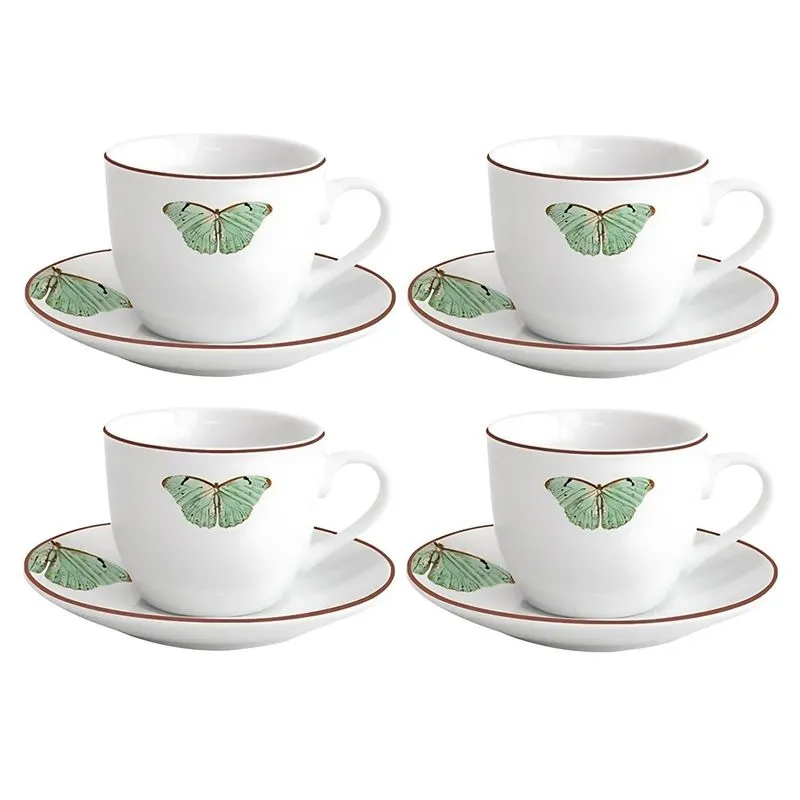 Jogo Xícaras Café Com Pires 220ml 4 Pçs Borboleta Porcelana