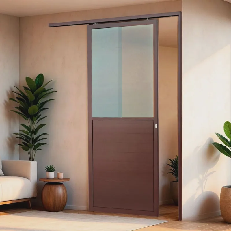 Porta de Correr Suspensa 210x90cm Meia Lambril Meia Vidro Dir L.25 Corten