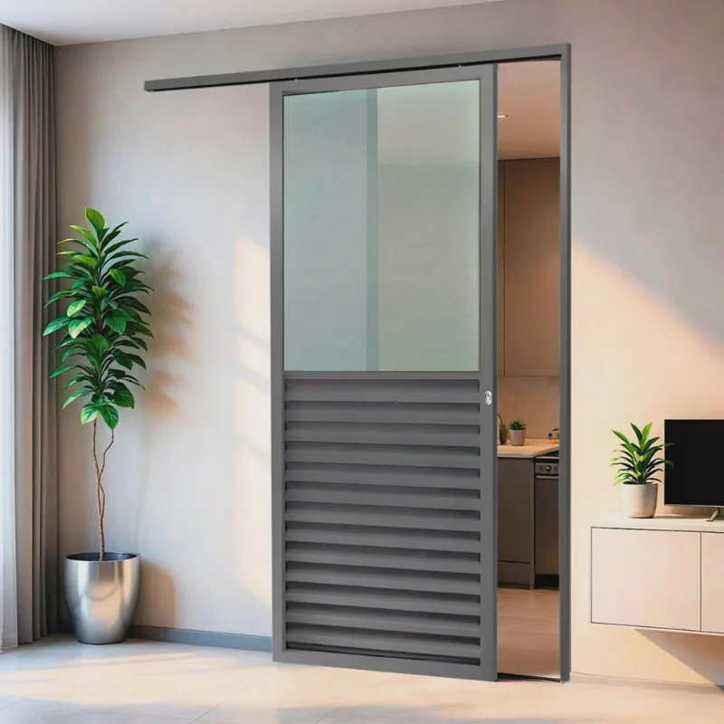 Porta de Correr Suspensa 210x90cm Meia Veneziana Meia Vidro Esq L.25 Cinza