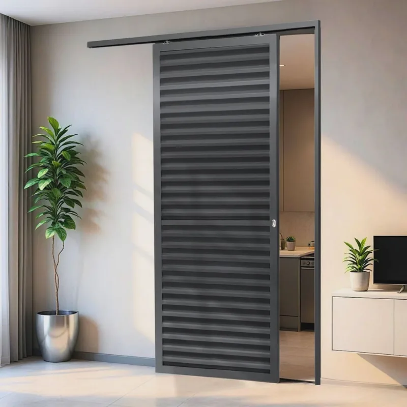 Porta de Correr Suspensa 210x90cm Veneziana Dir L.25 Cinza