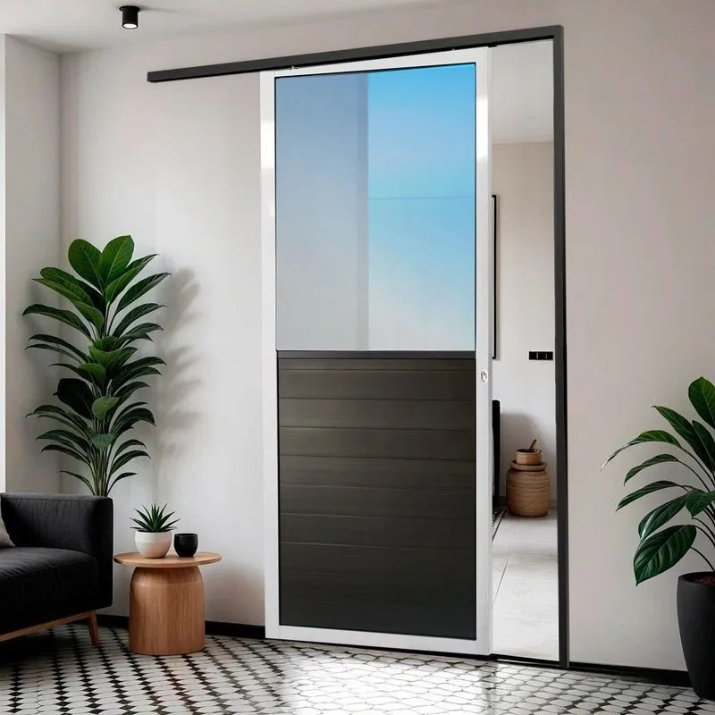 Porta De Correr Suspensa 210x90cm Meia Lambril Meia Vidro Esq L.25 Abertura Esquerda Preto/mix Brimak Mix Preto