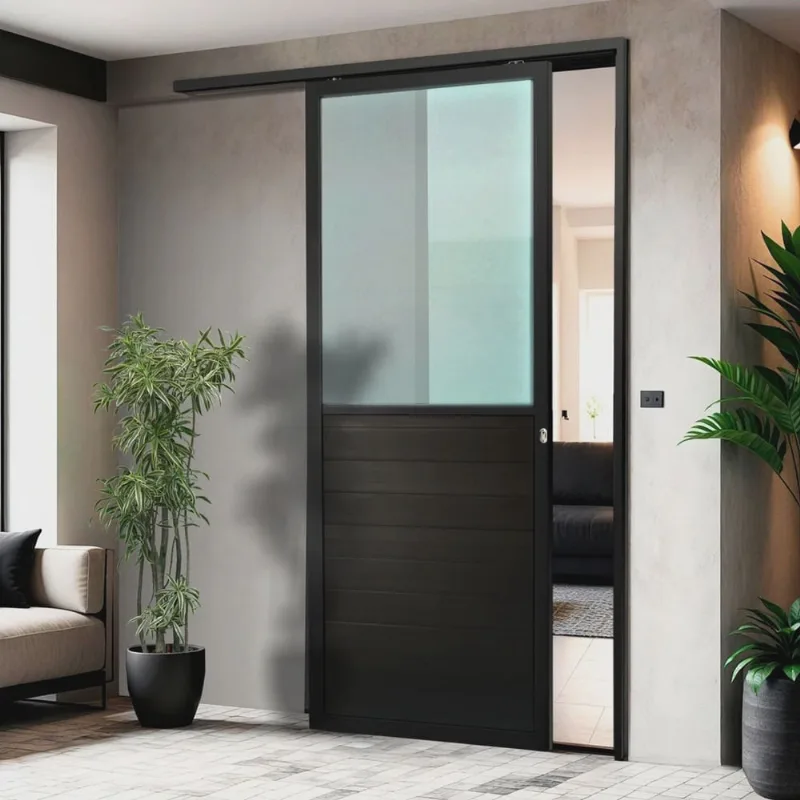 Porta de Correr Suspensa 210x100cm Meia Lambril Meia Vidro Dir L.25 Preto