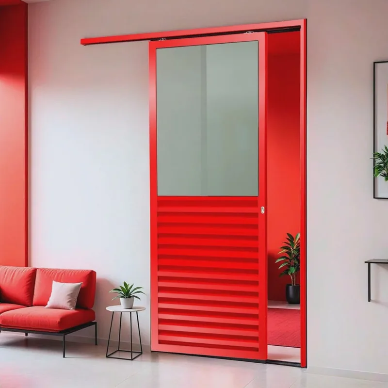 Porta de Correr Suspensa 210x100cm Meia Veneziana Meia Vidro Esq L.25 Vermelho