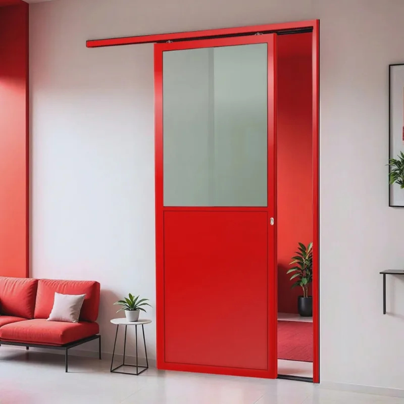 Porta de Correr Suspensa 210x100cm Meia Lambril Meia Vidro Dir L.25 Vermelho