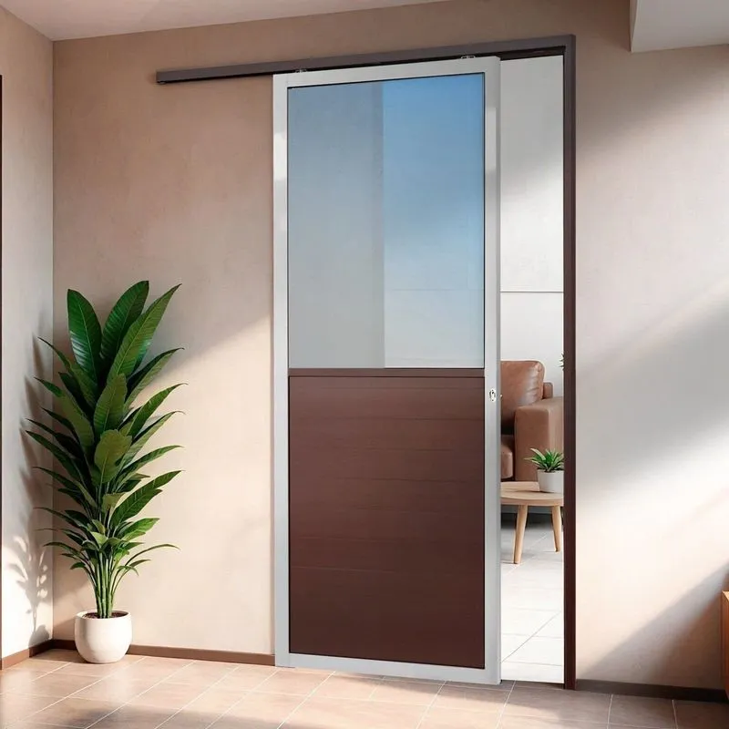 Porta De Correr Suspensa 210x100cm Meia Lambril Meia Vidro Dir L.25 Abertura Direita Cinza/mix Corten Brimak Mix Corten