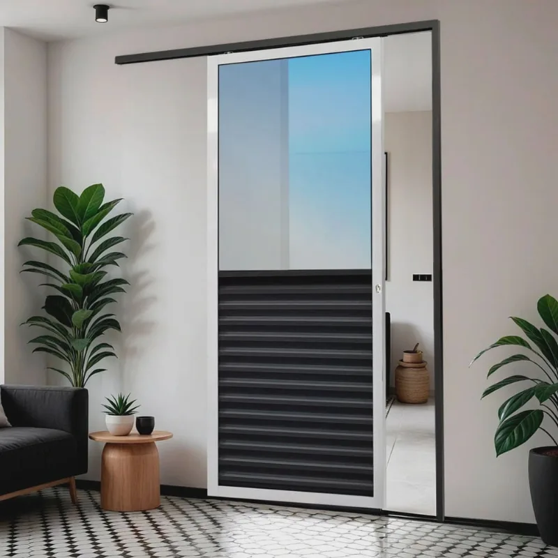 Porta de Correr Suspensa 210x100cm Meia Veneziana Meia Vidro Dir L.25 Mix Preto