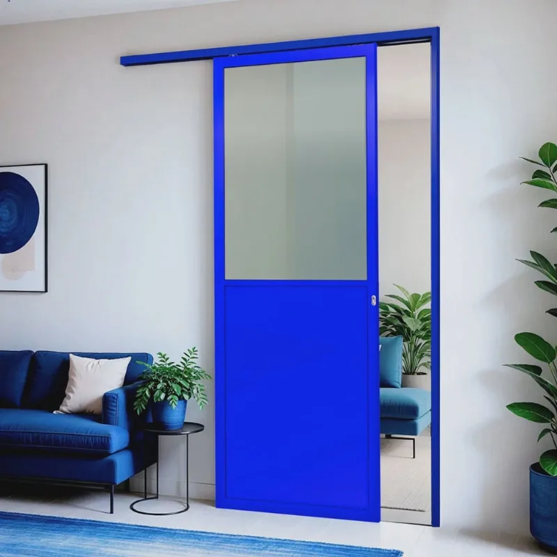 Porta de Correr Suspensa 210x100cm Meia Lambril Meia Vidro Dir L.25 Azul