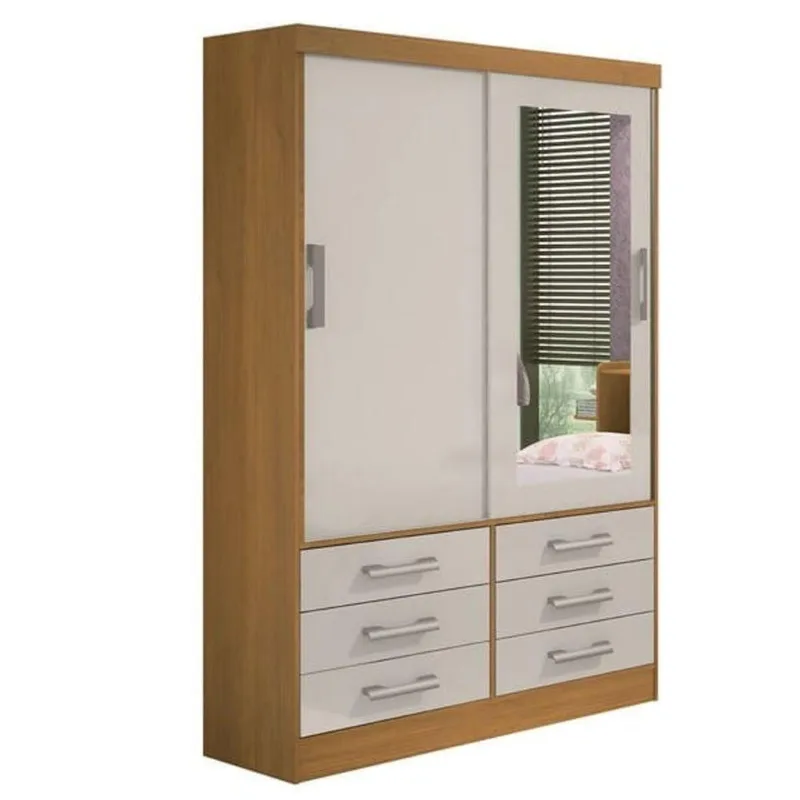 Guarda Roupa Solteiro Com Espelho 2 Portas 6 Gavetas - Meridian -cinamomo-off White - Móveis D'doro