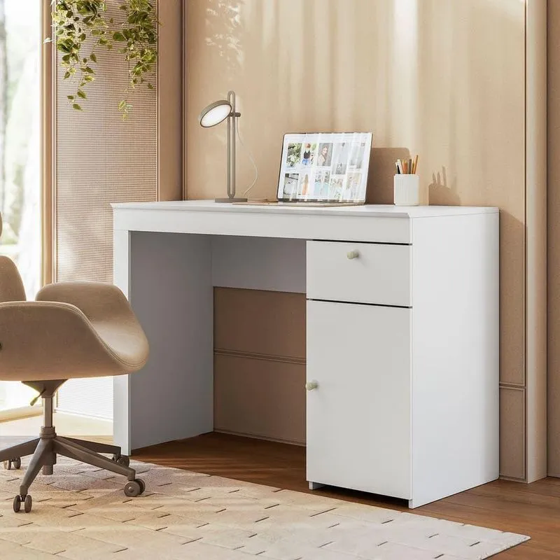 Mesa Escrivaninha Home Office Para Computador Iris 1 Gaveta MDP 108cm Branco Mobigu