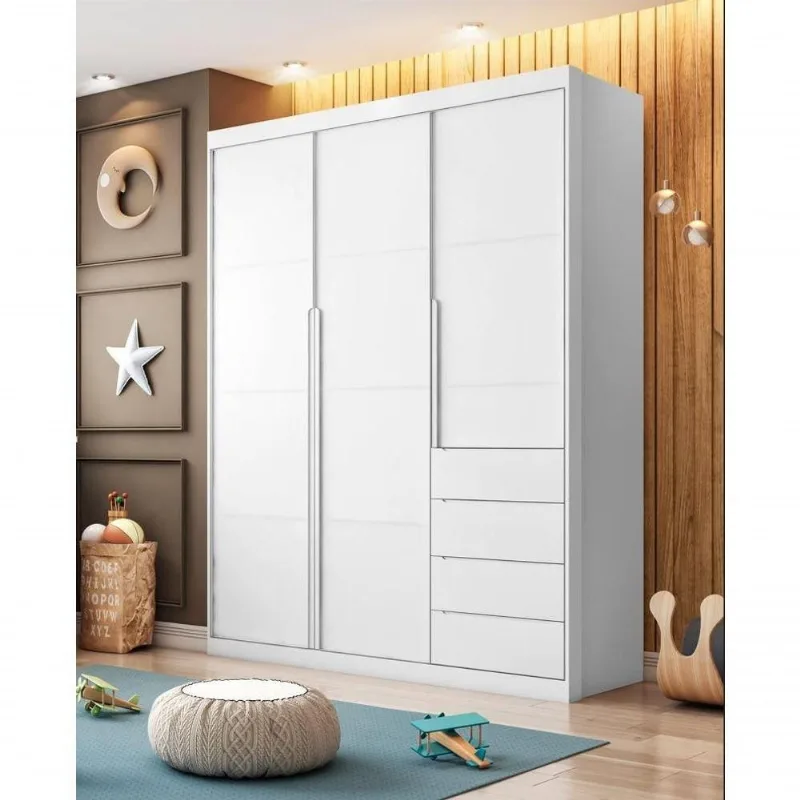 Guarda Roupa Pérola 3 Portas Giratórias 4 Gavetas MDF Branco Phoenix Baby 165CM