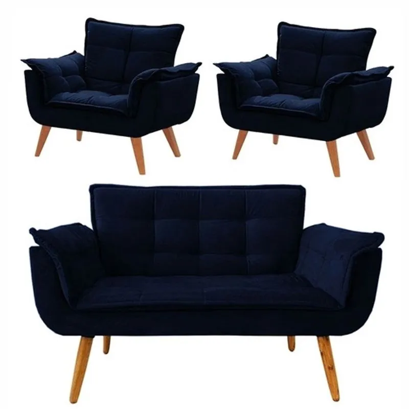 Conjunto Chesterfield Luxo Opala sala/recepão/escritório (1 Namoradeira + 2 Poltronas) azul marinho