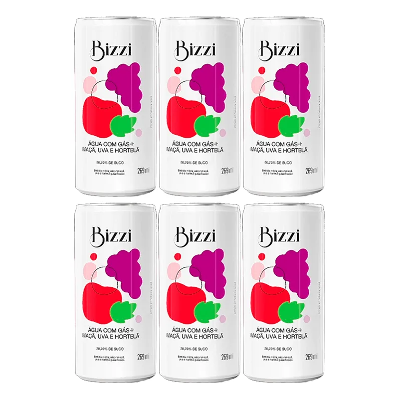 Kit 6x: Água Gaseificada Maçã, Uva E Hortelã Sem Açúcar Bizzi 269ml