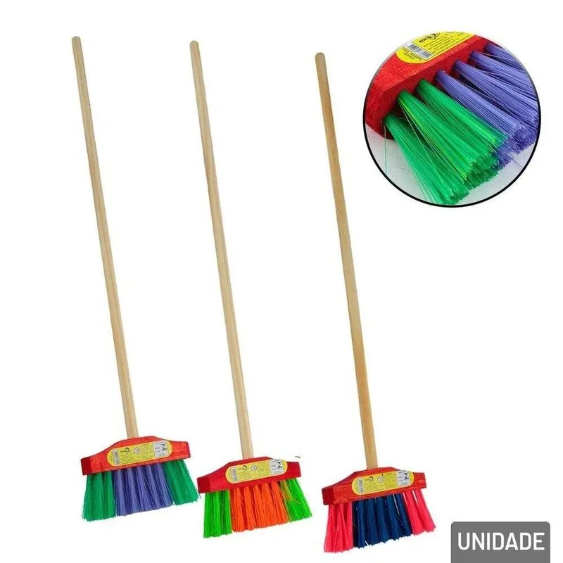 Vassoura Infantil De Madeira 66cm Color - Tudo Em Caixa