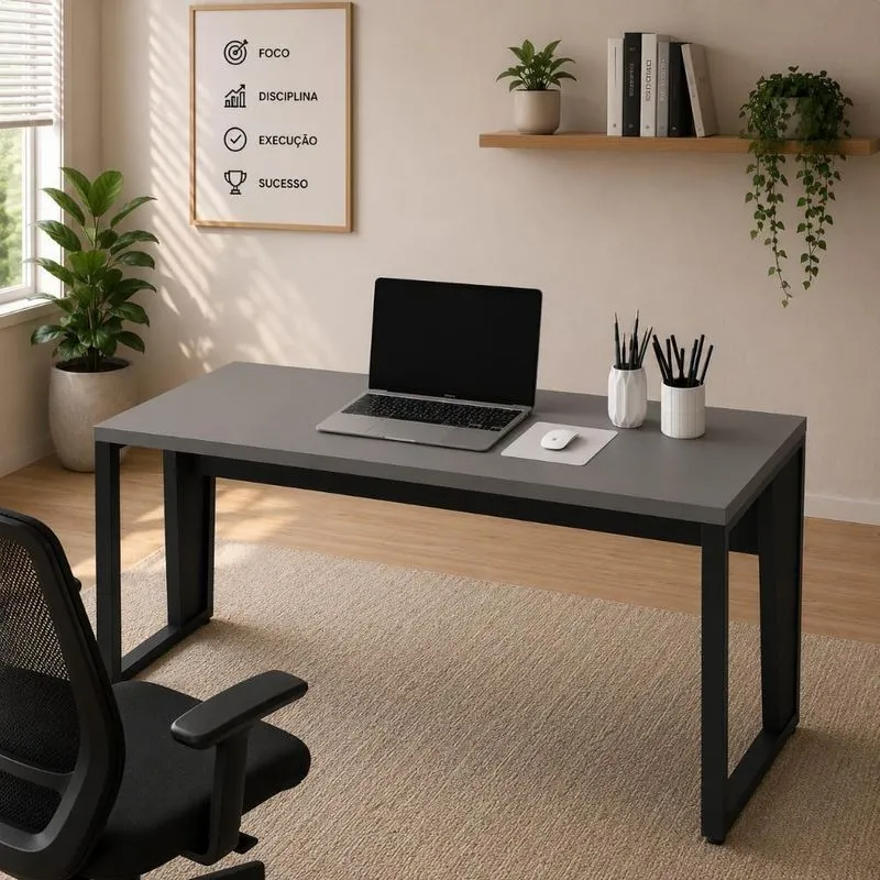 Mesa Para Escritório Escrivaninha 1,35m Industrial Sem Gavetas Mdp 135cm Cinza Sagrado Com Preto F5