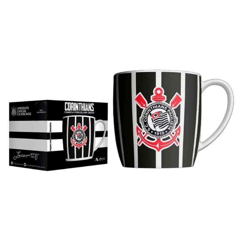 Caneca Urban Porcelana Allmix Corinthians Democracia Preto 360 ML Licenciada Branco