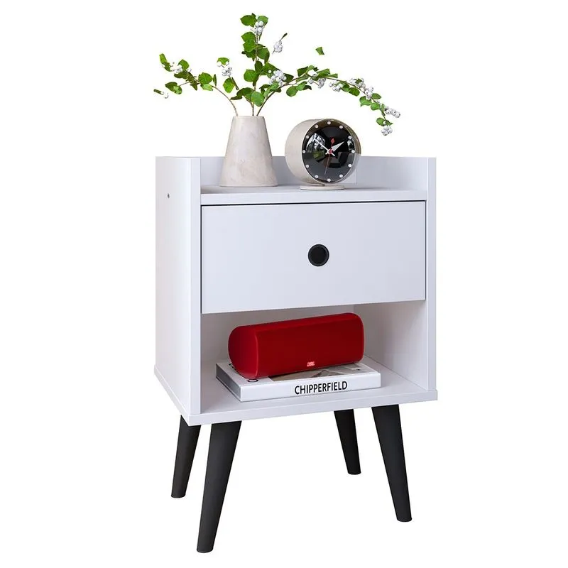 Mesinha Quarto Lateral Cama Mesa Cabeceira 1 Gaveta Organizadora Pés Palito Retrô - Branco/Preto - rpm Móveis