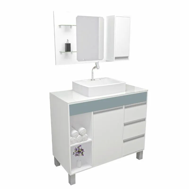 Armário Para Banheiro/ Lavabo Fit Supreme 97 Cm Branco Com Cinza Platina C/cuba + Espelheira Com Espelho + Torneira E Válvula