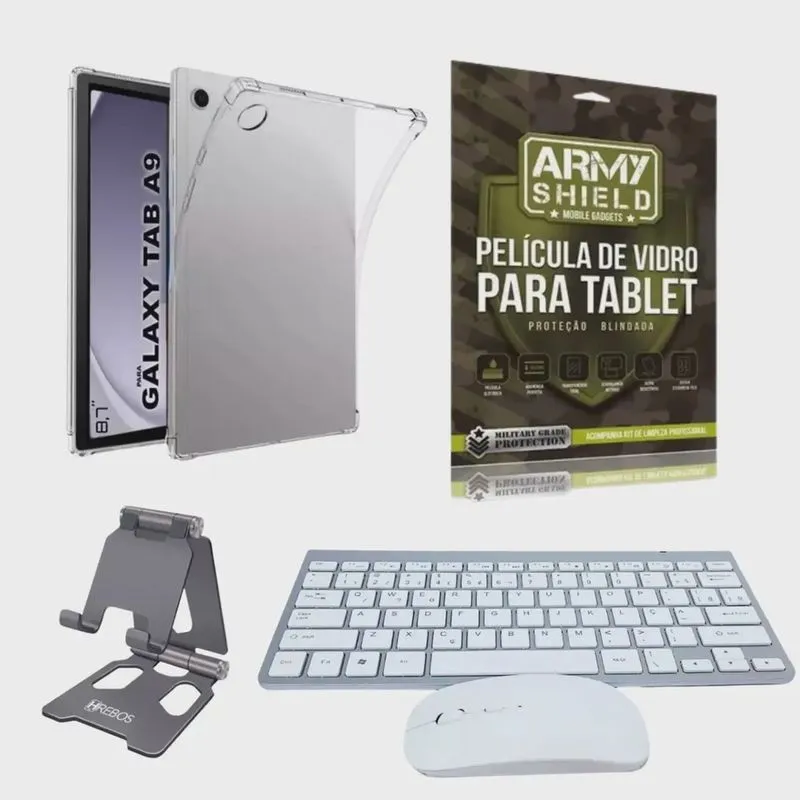 Kit Capa AntiShock Para Galaxy Tab A9 8.7 + Teclado e Mouse Bluetooth + Suporte + Pelicula de Vidro 3D - ArmyShield