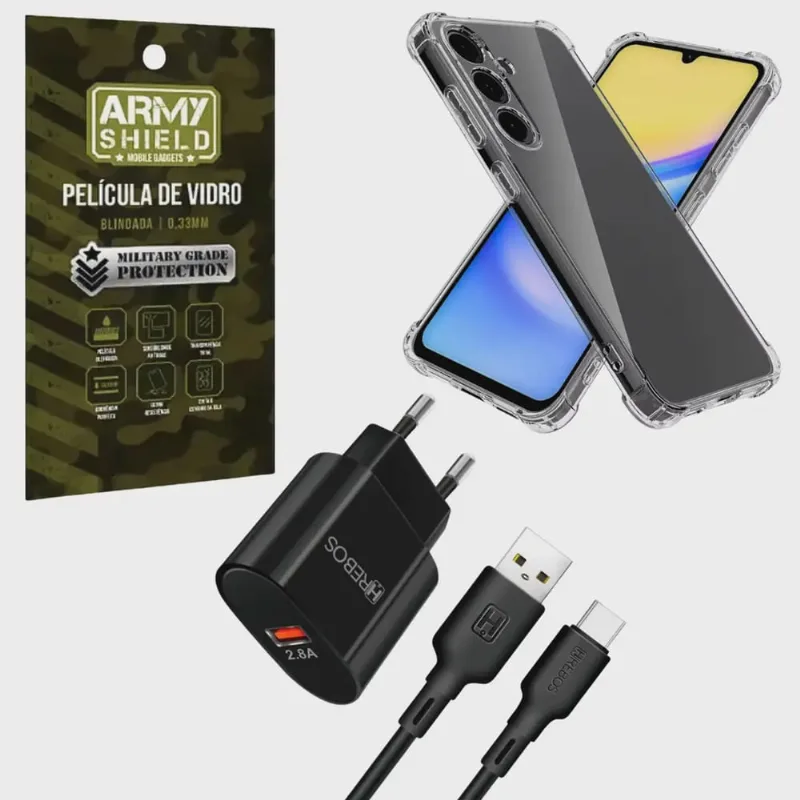 Capa Capinha Transparente Para Galaxy S24Fe + Carregador Turbo + Pelicula de Vidro 3D Armyshield