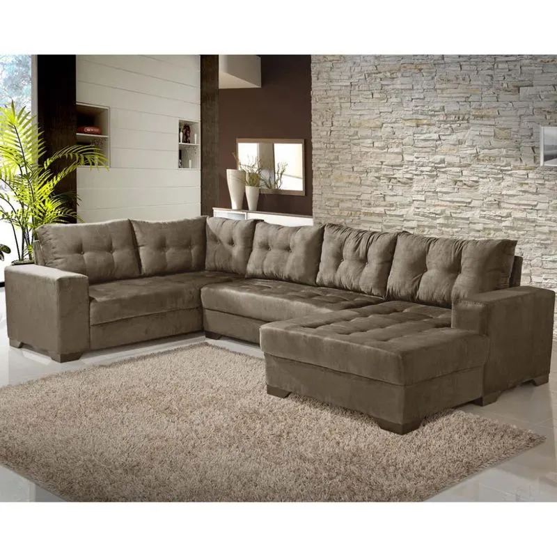 Sofá de Canto 6 Lugares com Chaise Direito Dijon Suede Amassado Marrom
