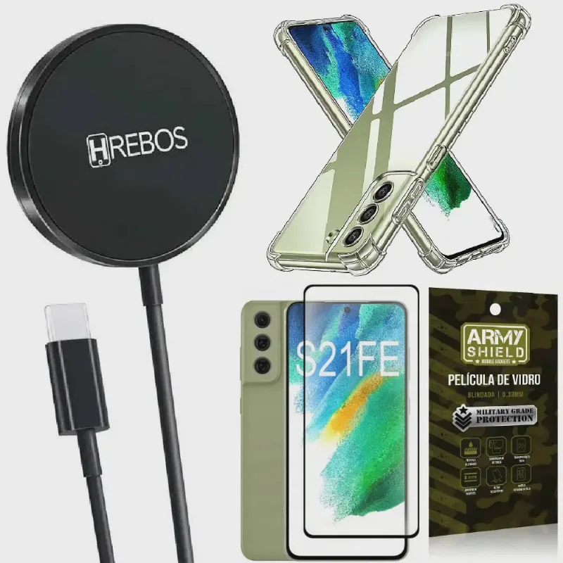 Kit Carregador Sem Fio Samsung S21 Fe + Capinha + Película de Vidro