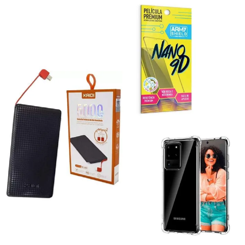 Kit Power Bank 5000Mah + Capa Samsung S20Ultra + Película 9D
