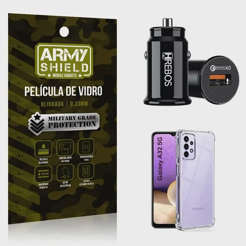 Kit Carregador Veicular Turbo 18w com Capinha Samsung A32 5G e Película 3D