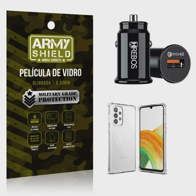 Kit Carregador Veicular Turbo 18w com Capinha Samsung A33 e Película 3D