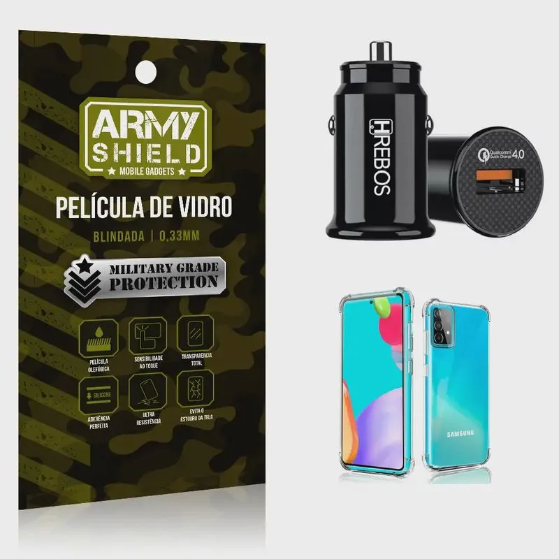 Kit Carregador Veicular Turbo 18w com Capinha Samsung A52 e Película 3D