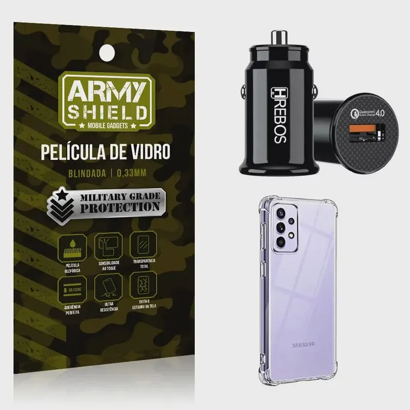 Kit Carregador Veicular Turbo 18w com Capinha Samsung A52s 5G e Película 3D