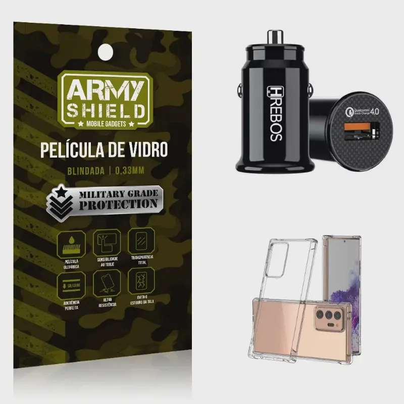 Kit Carregador Veicular Turbo 18w com Capinha Samsung Note 20 Ultra e Película 3D