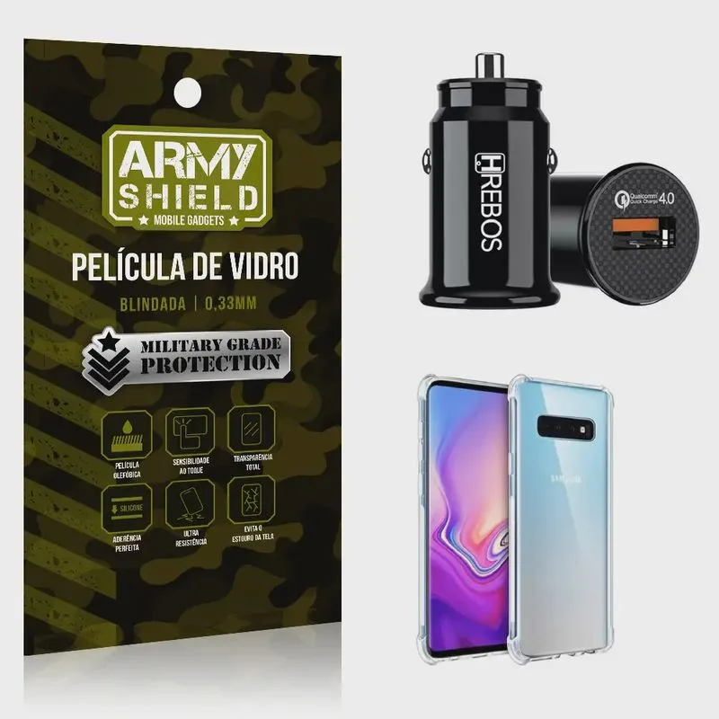 Kit Carregador Veicular Turbo 18w com Capinha Samsung S10 e Película 3D