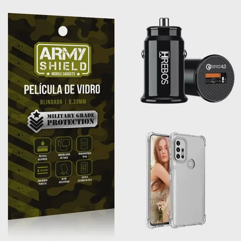 Kit Carregador Veicular Turbo 18w com Capinha Moto G10 e Película 3D