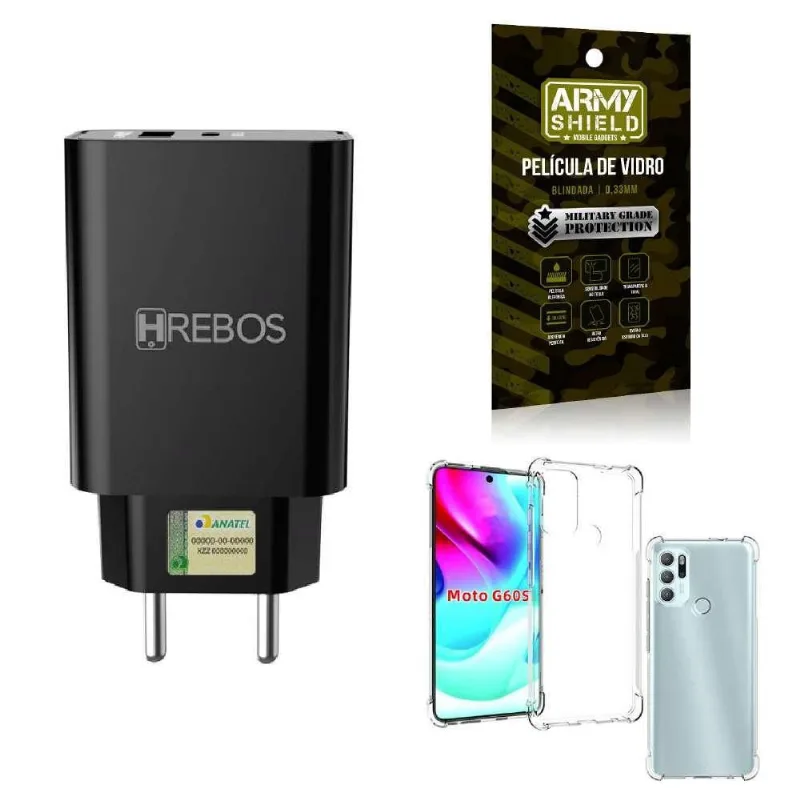 Capinha Moto G60S + Fonte Carregador Turbo + Película 3D