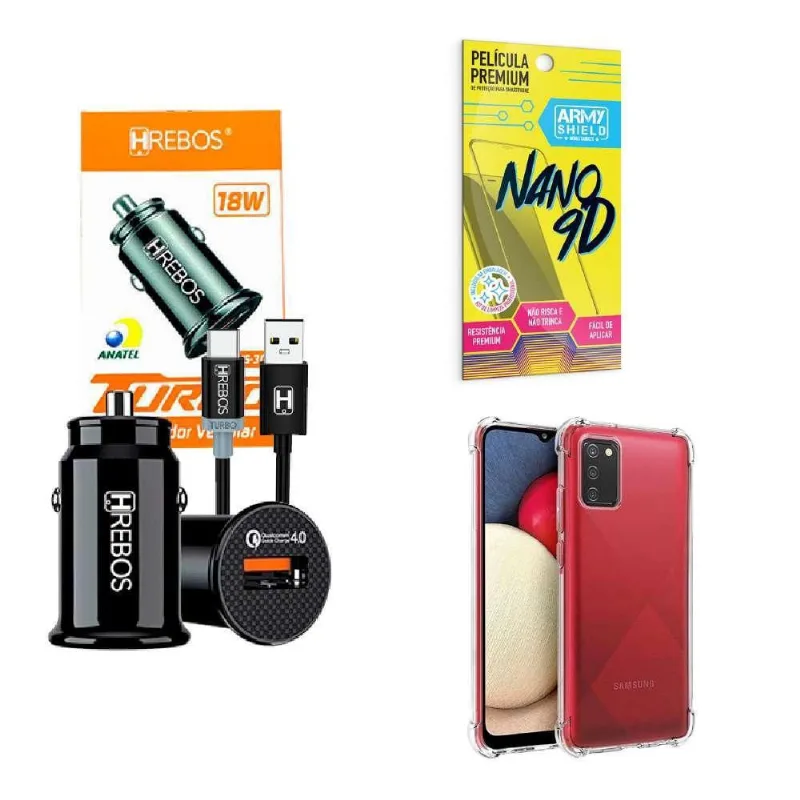 Kit Carregador Veicular + Capinha Samsung A03S + Película 9D