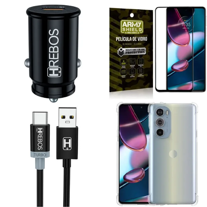 Kit Carregador Veicular Turbo Hrebos Tipo C Edge 30 Pro + Capa + Película 3D